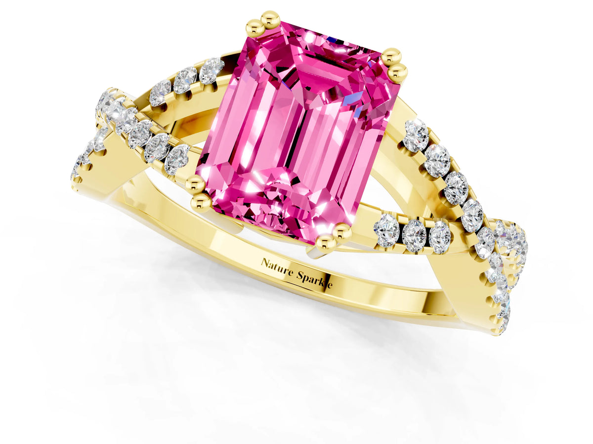 Emerald Cut Pink Sapphire Solitaire Ring in Yellow gold with Interwoven Pavé Band and Prong Setting_1