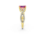 Emerald Cut Pink Sapphire Solitaire Ring in Yellow gold with Interwoven Pavé Band and Prong Setting_2