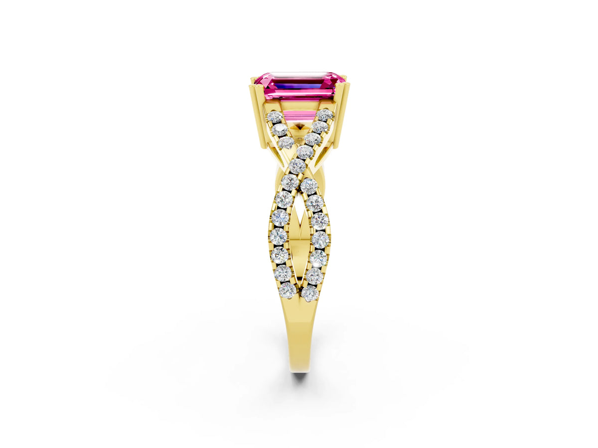 Emerald Cut Pink Sapphire Solitaire Ring in Yellow gold with Interwoven Pavé Band and Prong Setting_2