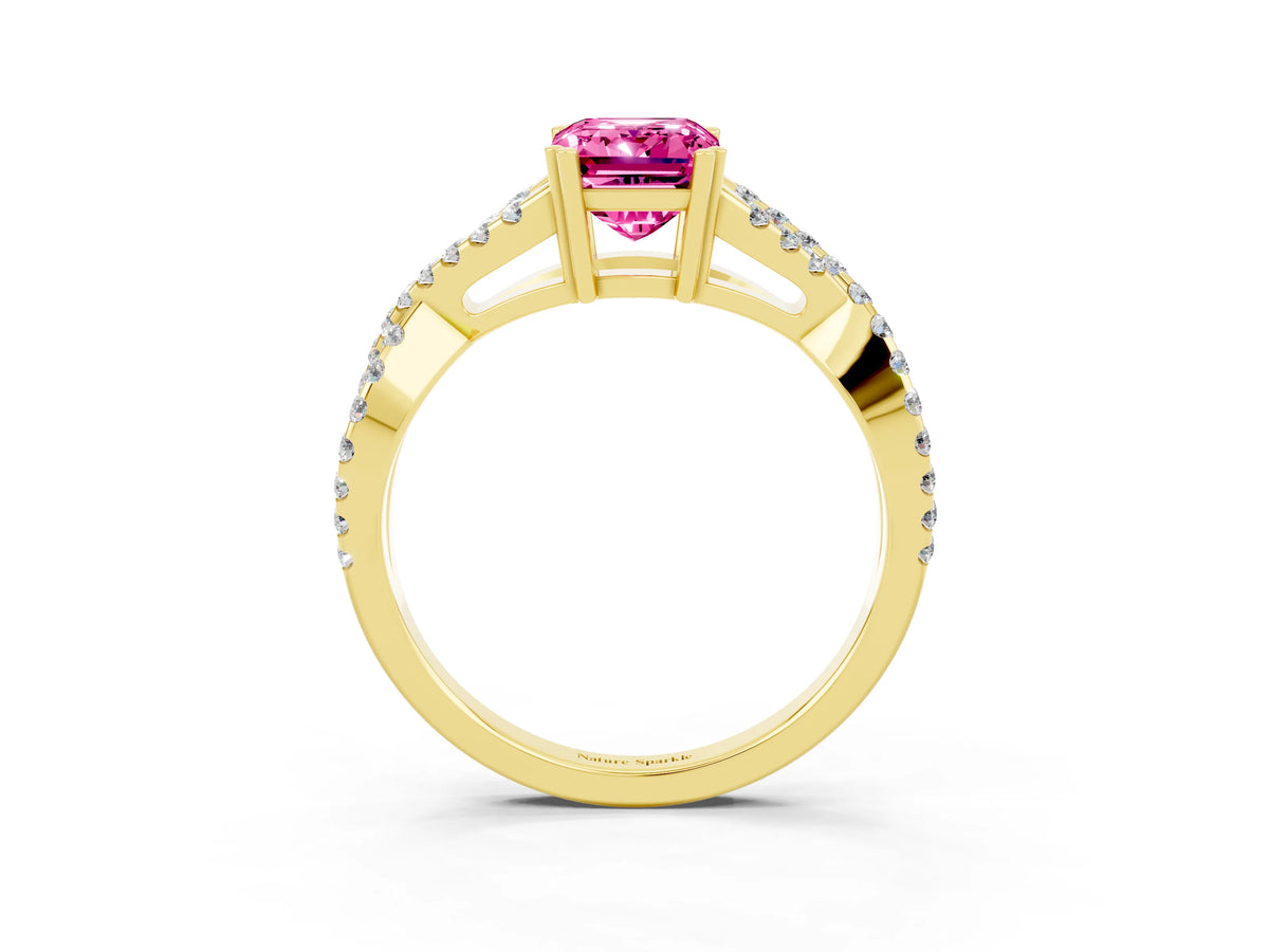 Emerald Cut Pink Sapphire Solitaire Ring in Yellow gold with Interwoven Pavé Band and Prong Setting_3