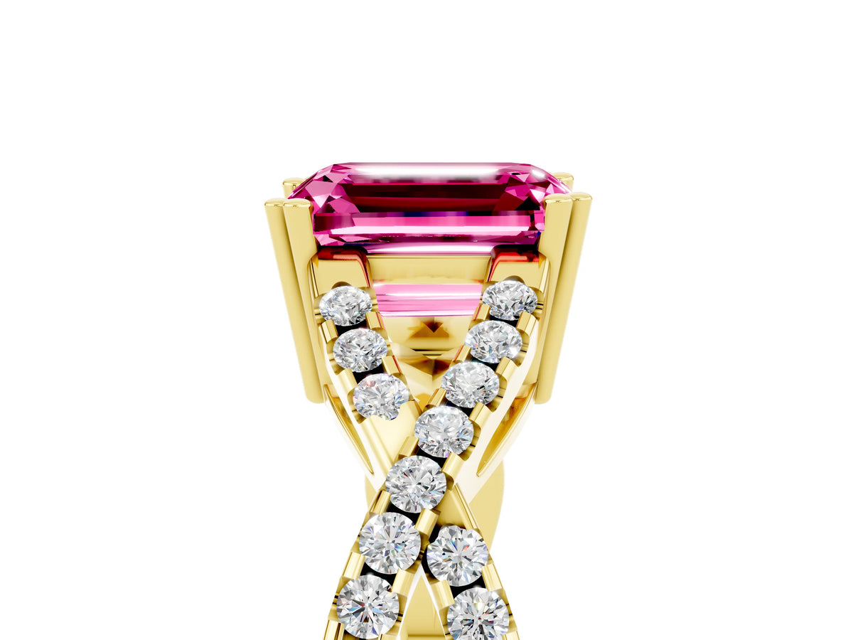 Emerald Cut Pink Sapphire Solitaire Ring in Yellow gold with Interwoven Pavé Band and Prong Setting_5