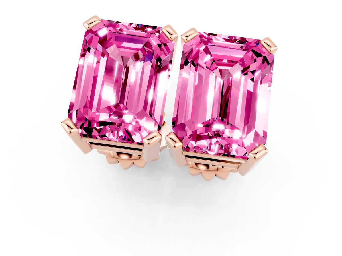 Emerald Cut Pink Sapphire Stud Earrings in Rose gold with Basket Setting_1