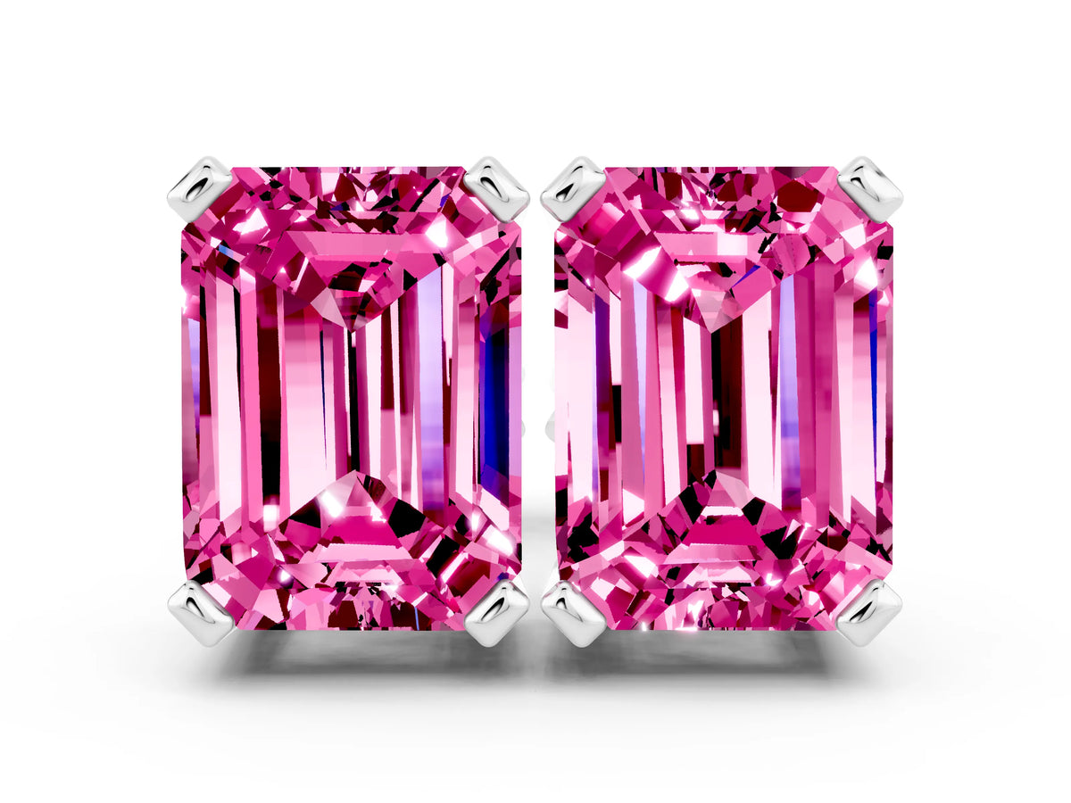 Emerald Cut Pink Sapphire Stud Earrings in White gold with Basket Setting