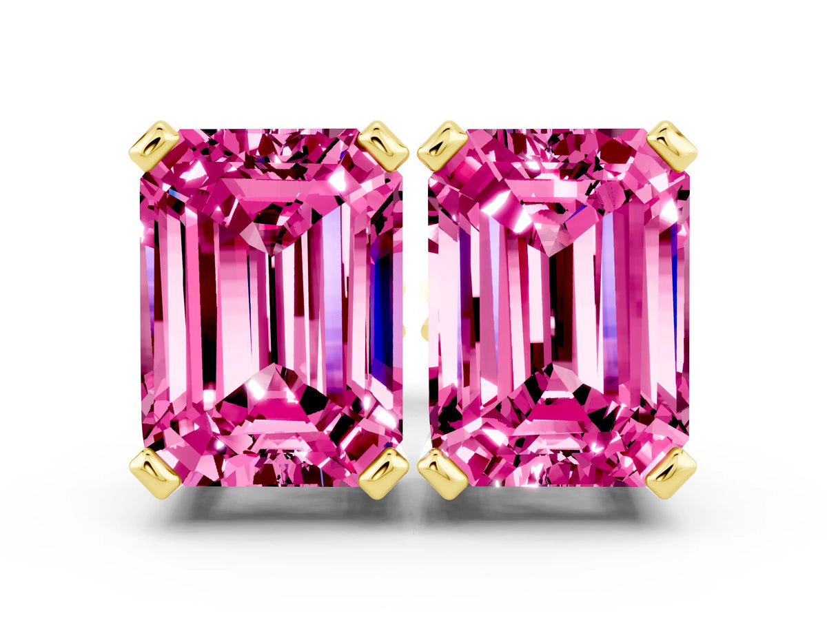 Emerald Cut Pink Sapphire Stud Earrings in Yellow gold with Basket Setting