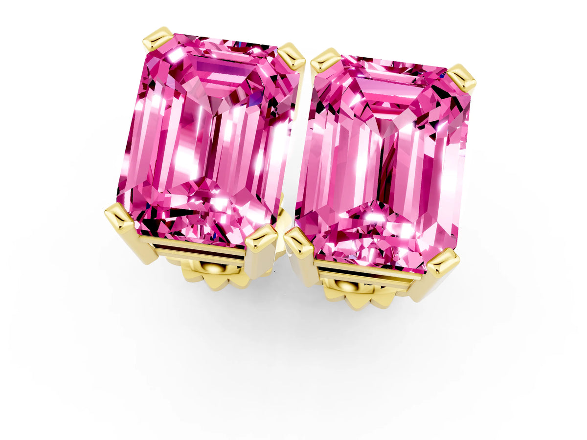 Emerald Cut Pink Sapphire Stud Earrings in Yellow gold with Basket Setting_1