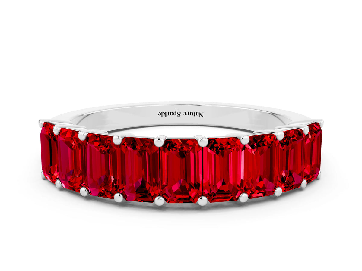 Emerald Cut Ruby Eternity Band in Platinum with Prong Setting