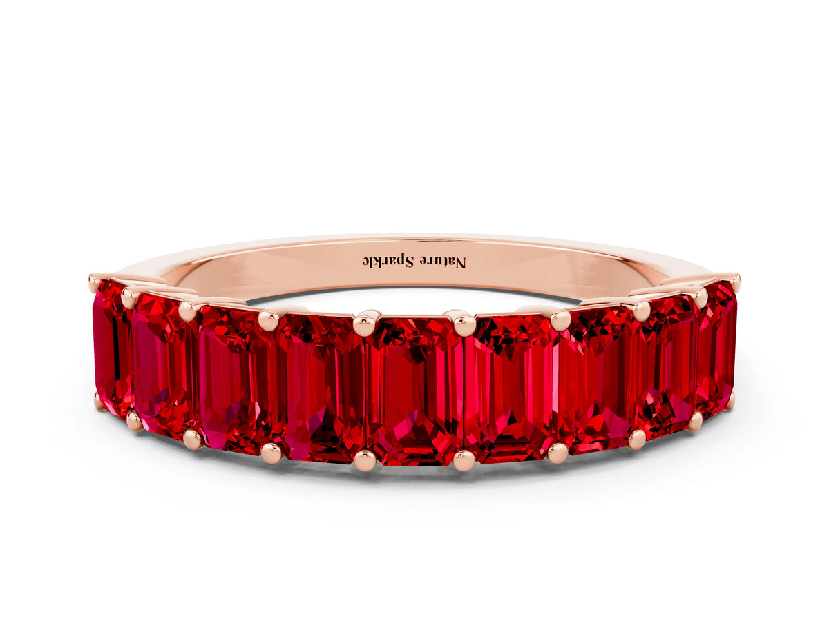 Emerald Cut Ruby Eternity Band in Rose gold with Prong Setting