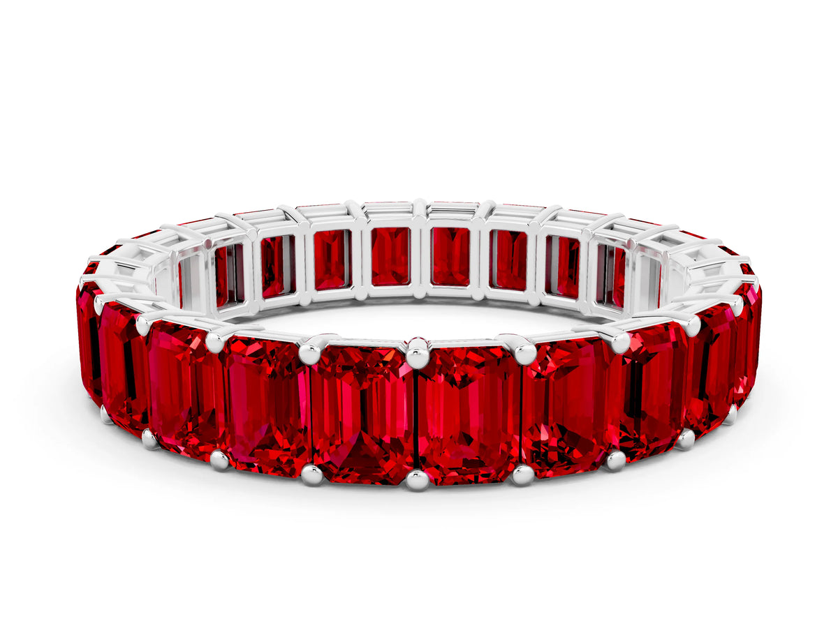 Emerald Cut Ruby Eternity Band in Silver with Aligned Shared Prong Setting