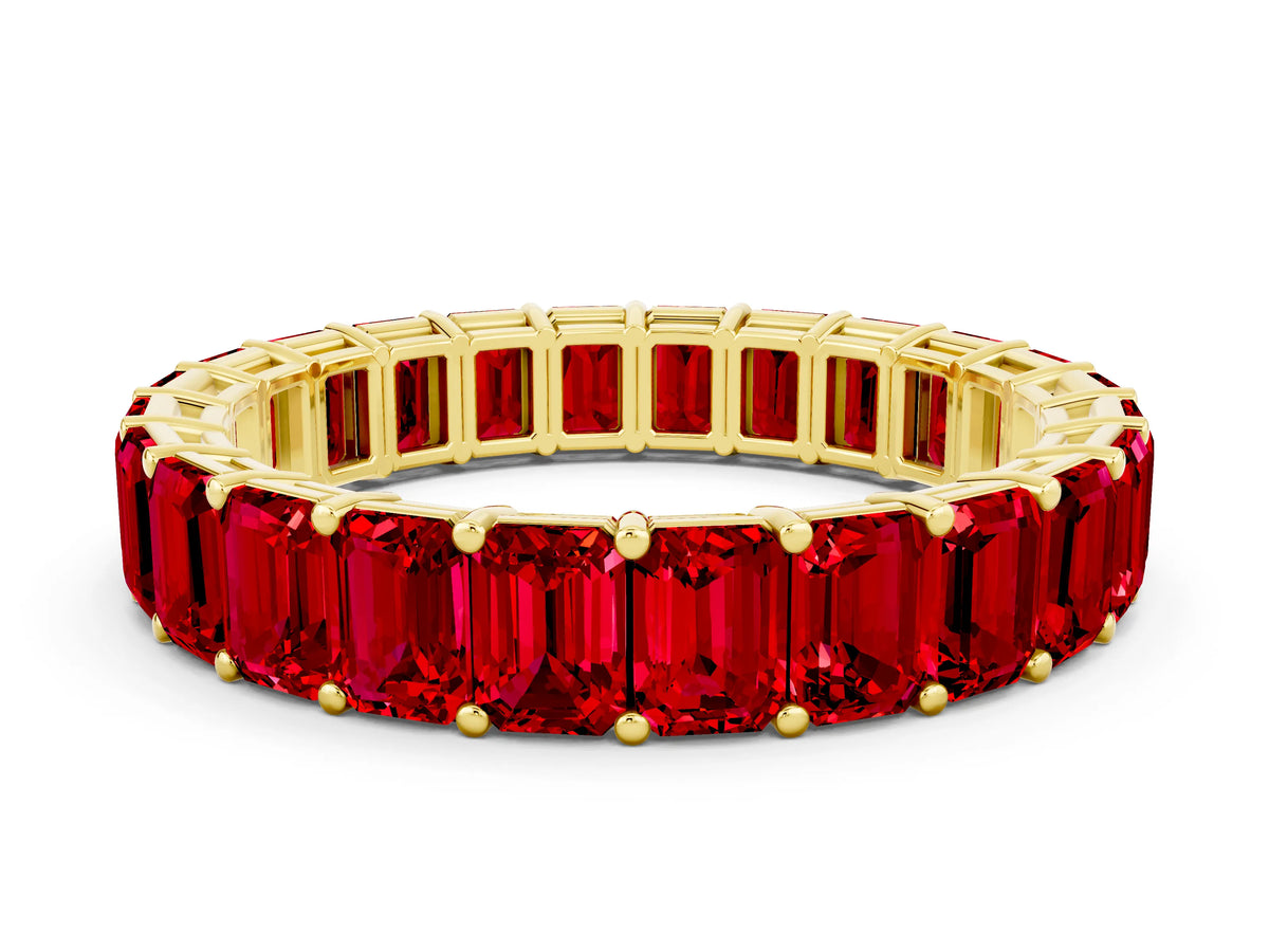 Emerald Cut Ruby Eternity Band in Yellow gold with Aligned Shared Prong Setting