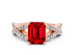 Emerald Cut Ruby Solitaire Ring in Rose gold with Interwoven Pavé Band and Prong Setting