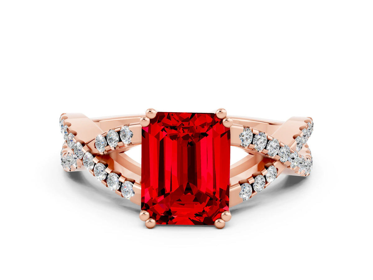 Emerald Cut Ruby Solitaire Ring in Rose gold with Interwoven Pavé Band and Prong Setting