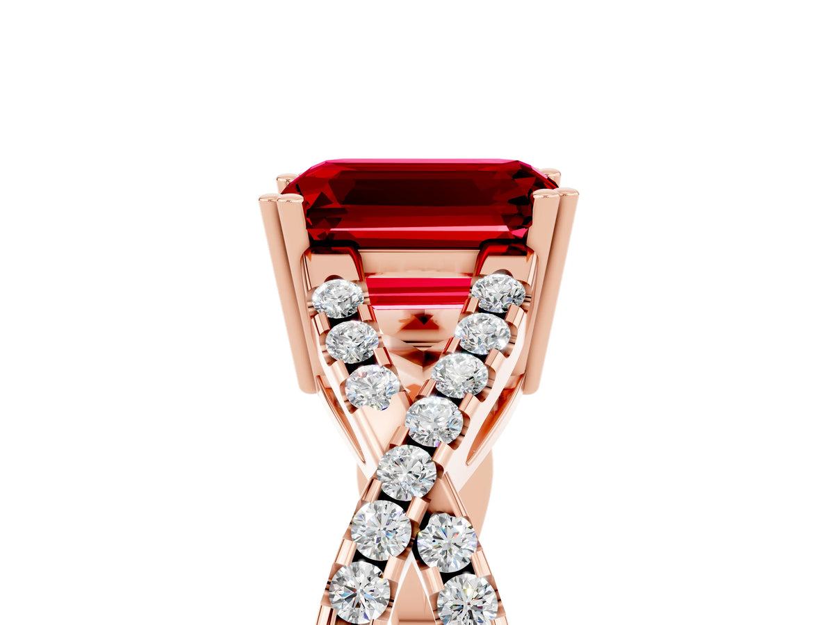 Emerald Cut Ruby Solitaire Ring in Rose gold with Interwoven Pavé Band and Prong Setting_5
