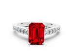 Emerald Cut Ruby Solitaire Ring in Silver with Crossover Gallery and Round Pavé Band