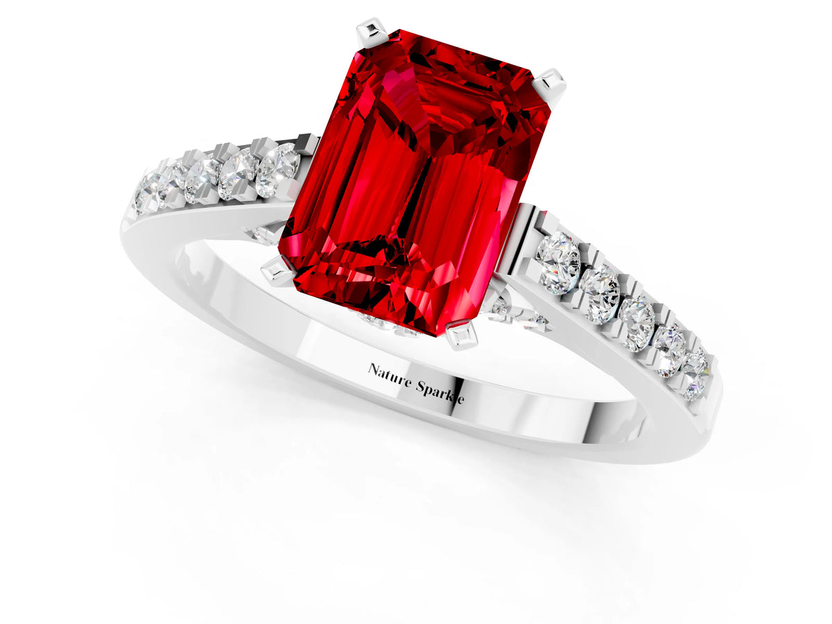 Emerald Cut Ruby Solitaire Ring in Silver with Crossover Gallery and Round Pavé Band_1