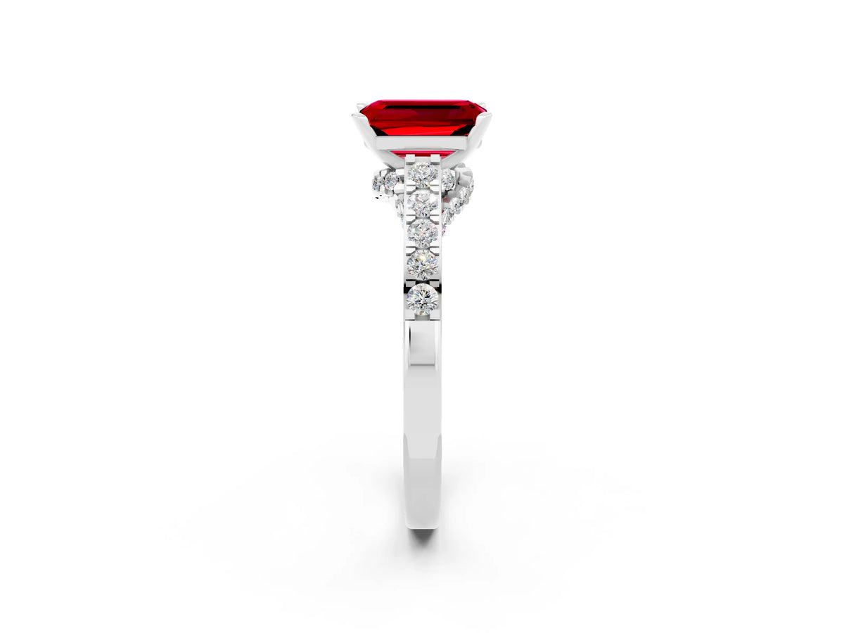 Emerald Cut Ruby Solitaire Ring in Silver with Crossover Gallery and Round Pavé Band_2