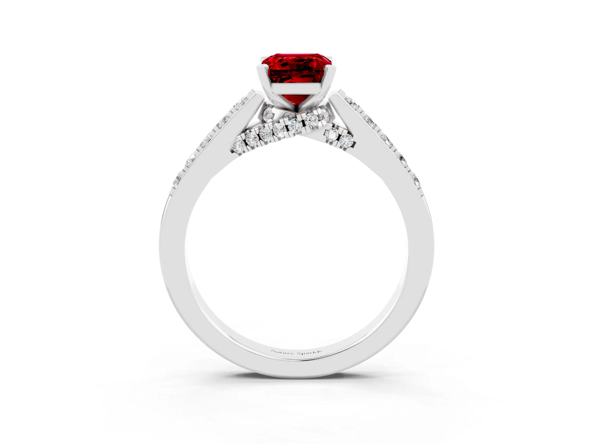 Emerald Cut Ruby Solitaire Ring in Silver with Crossover Gallery and Round Pavé Band_3