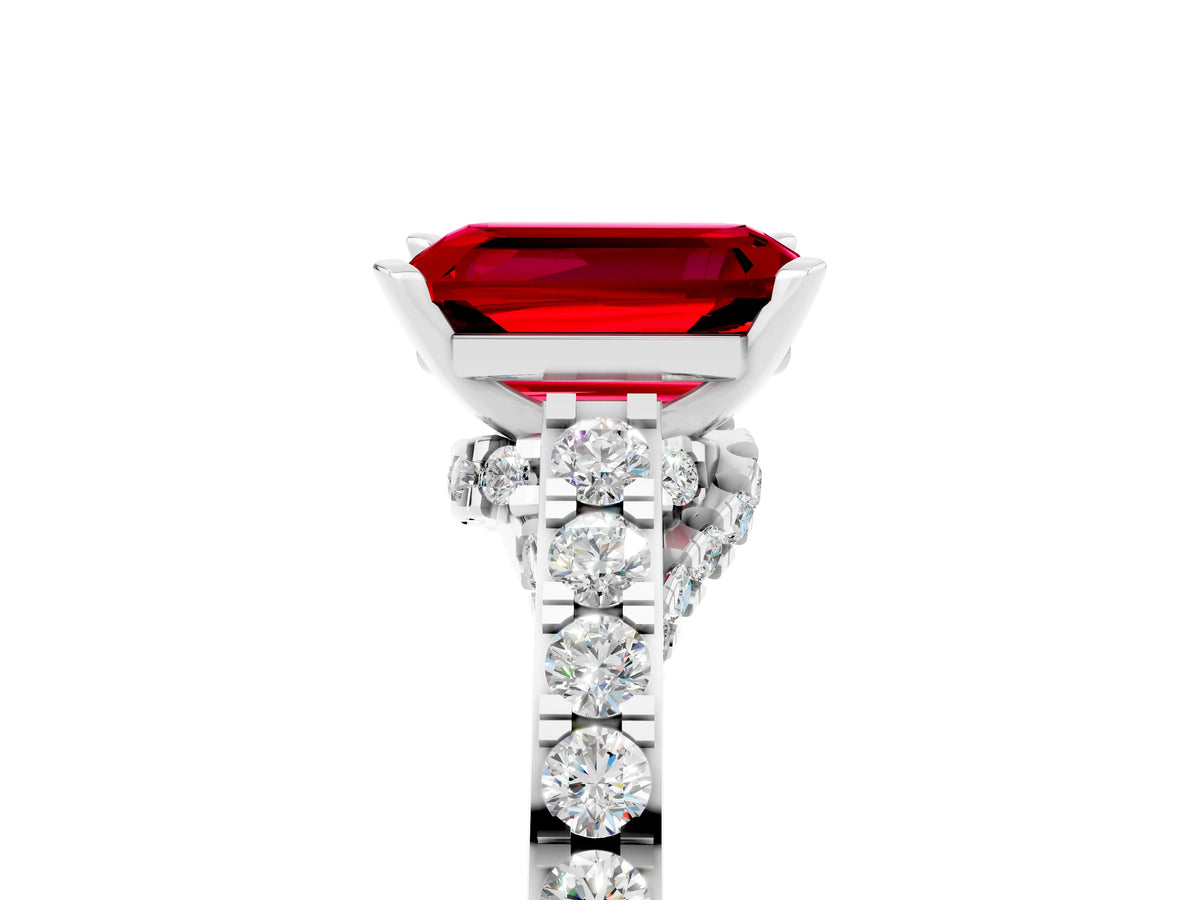 Emerald Cut Ruby Solitaire Ring in Silver with Crossover Gallery and Round Pavé Band_5