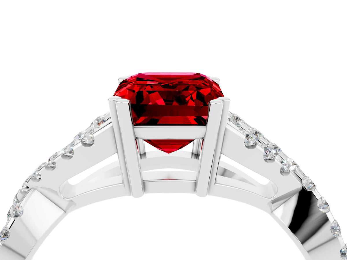 Emerald Cut Ruby Solitaire Ring in Silver with Interwoven Pavé Band and Prong Setting_10