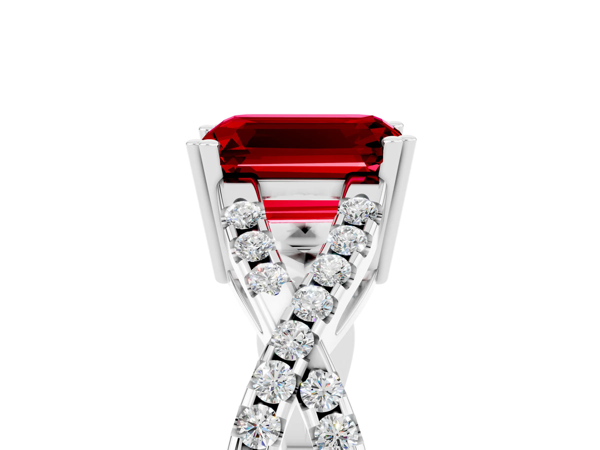 Emerald Cut Ruby Solitaire Ring in Silver with Interwoven Pavé Band and Prong Setting_11
