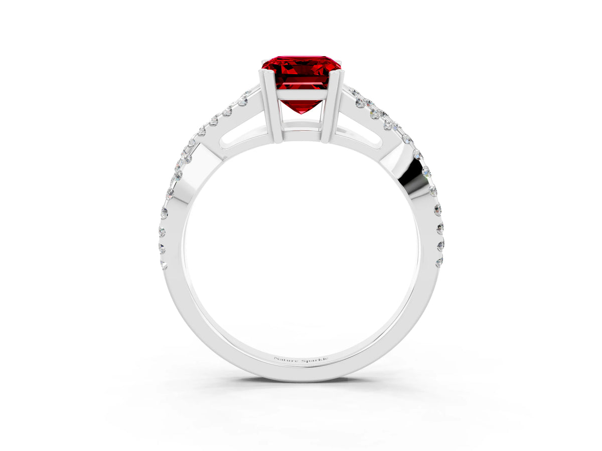 Emerald Cut Ruby Solitaire Ring in Silver with Interwoven Pavé Band and Prong Setting_9