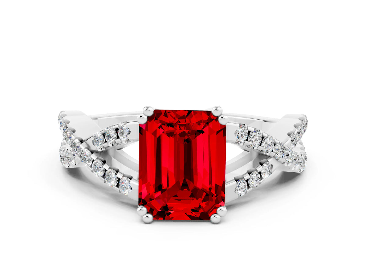 Emerald Cut Ruby Solitaire Ring in White gold with Interwoven Pavé Band and Prong Setting
