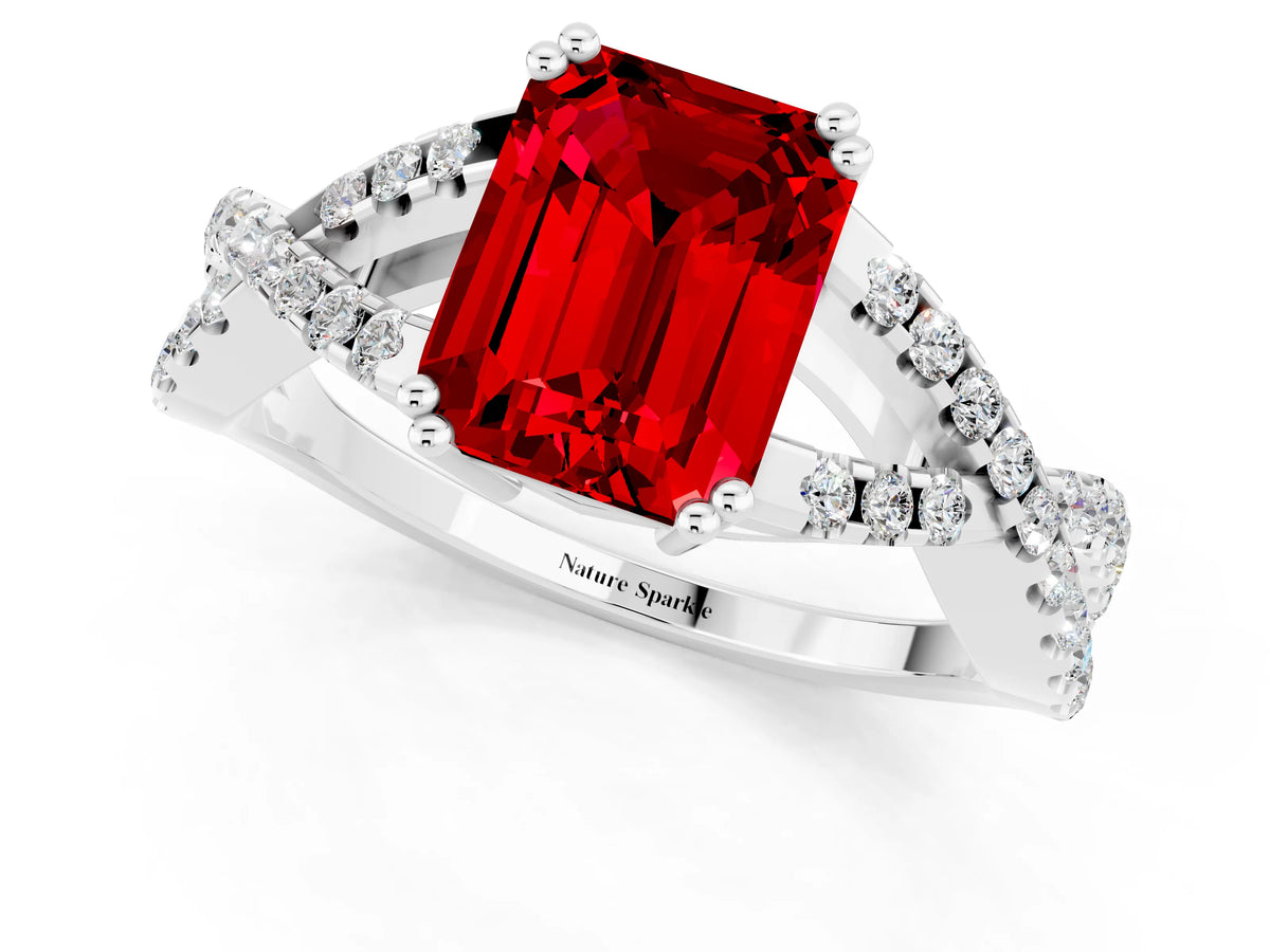 Emerald Cut Ruby Solitaire Ring in White gold with Interwoven Pavé Band and Prong Setting_1