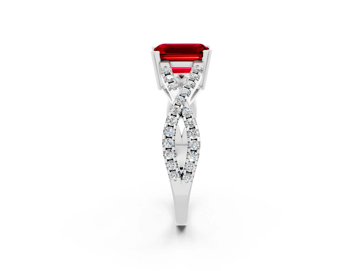 Emerald Cut Ruby Solitaire Ring in White gold with Interwoven Pavé Band and Prong Setting_2