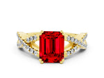 Emerald Cut Ruby Solitaire Ring in Yellow gold with Interwoven Pavé Band and Prong Setting