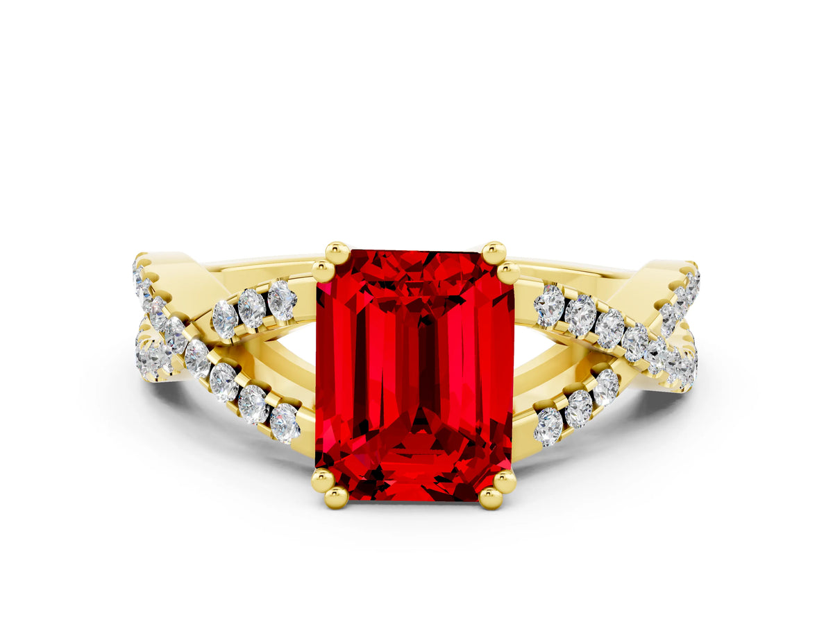 Emerald Cut Ruby Solitaire Ring in Yellow gold with Interwoven Pavé Band and Prong Setting