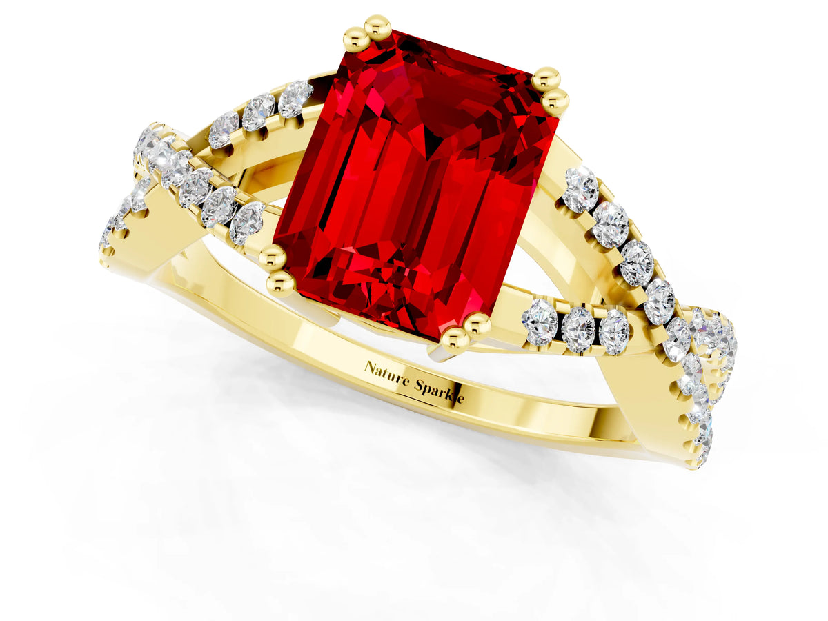 Emerald Cut Ruby Solitaire Ring in Yellow gold with Interwoven Pavé Band and Prong Setting_1