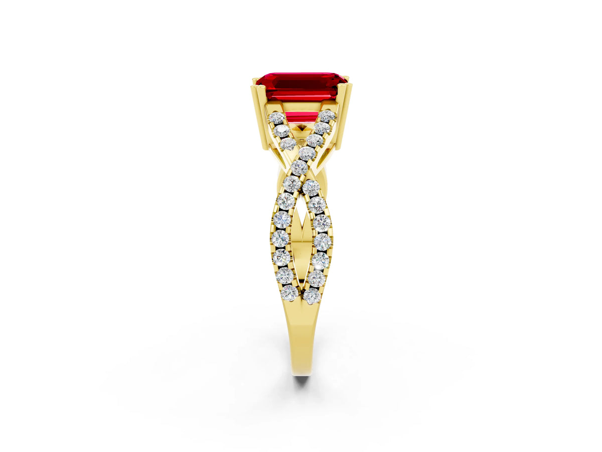 Emerald Cut Ruby Solitaire Ring in Yellow gold with Interwoven Pavé Band and Prong Setting_2