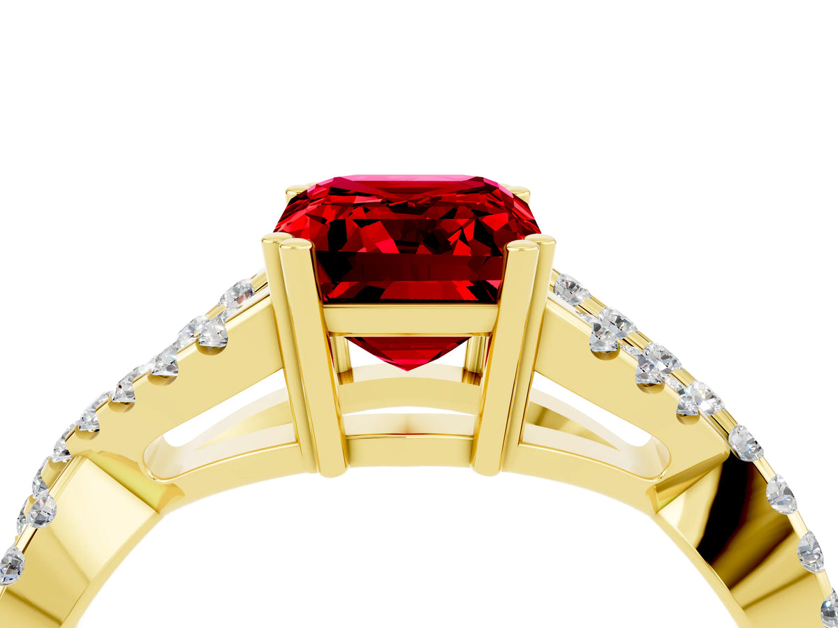 Emerald Cut Ruby Solitaire Ring in Yellow gold with Interwoven Pavé Band and Prong Setting_4