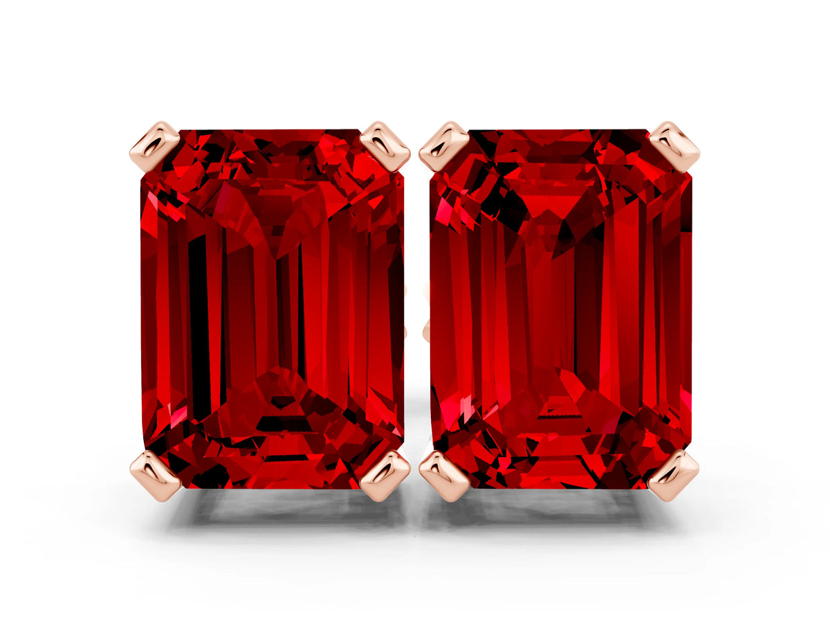 Emerald Cut Ruby Stud Earrings in Rose gold with Basket Setting