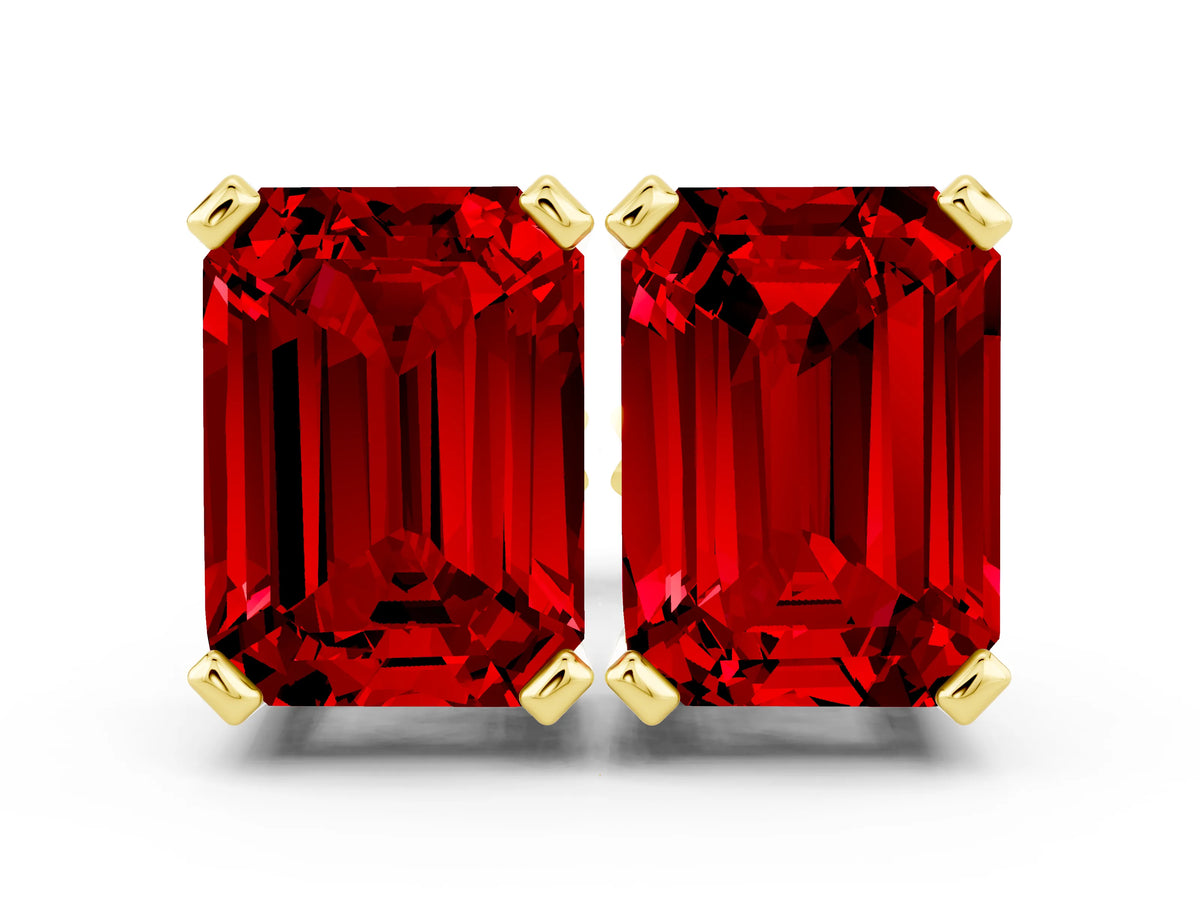 Emerald Cut Ruby Stud Earrings in Yellow gold with Basket Setting