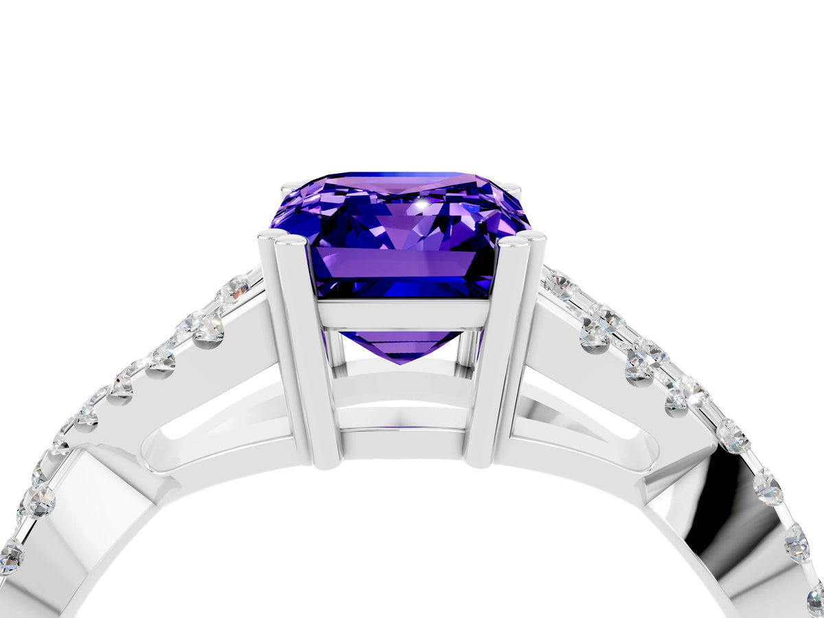 Emerald Cut Tanzanite Solitaire Ring in Platinum with Interwoven Pavé Band and Prong Setting_10