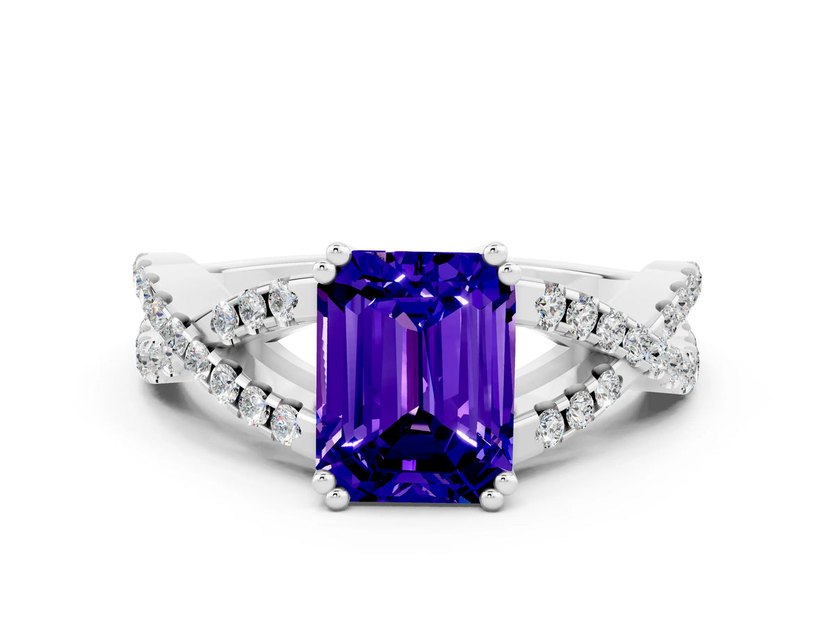 Emerald Cut Tanzanite Solitaire Ring in Platinum with Interwoven Pavé Band and Prong Setting_6