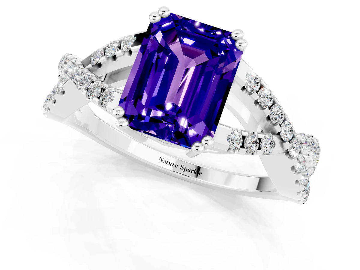 Emerald Cut Tanzanite Solitaire Ring in Platinum with Interwoven Pavé Band and Prong Setting_7