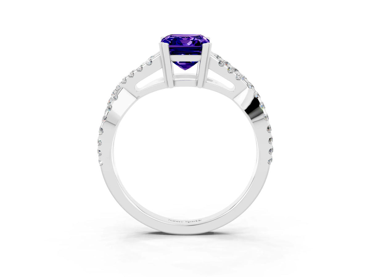Emerald Cut Tanzanite Solitaire Ring in Platinum with Interwoven Pavé Band and Prong Setting_9