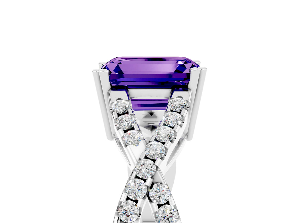 Emerald Cut Tanzanite Solitaire Ring in Silver with Interwoven Pavé Band and Prong Setting_11