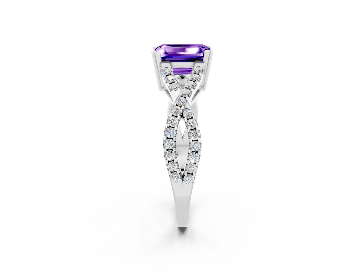 Emerald Cut Tanzanite Solitaire Ring in Silver with Interwoven Pavé Band and Prong Setting_8