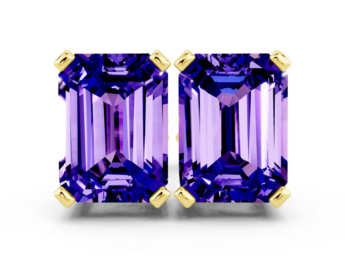 Emerald Cut Tanzanite Stud Earrings in Yellow gold with Basket Setting