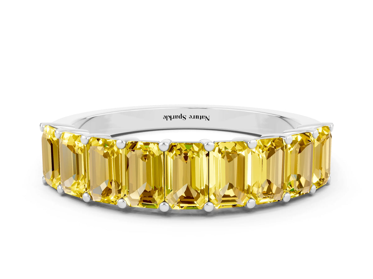 Emerald Cut Yellow Sapphire Eternity Band in White gold with Prong Setting