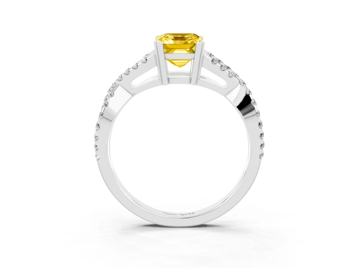 Emerald Cut Yellow Sapphire Solitaire Ring in Silver with Interwoven Pavé Band and Prong Setting_9