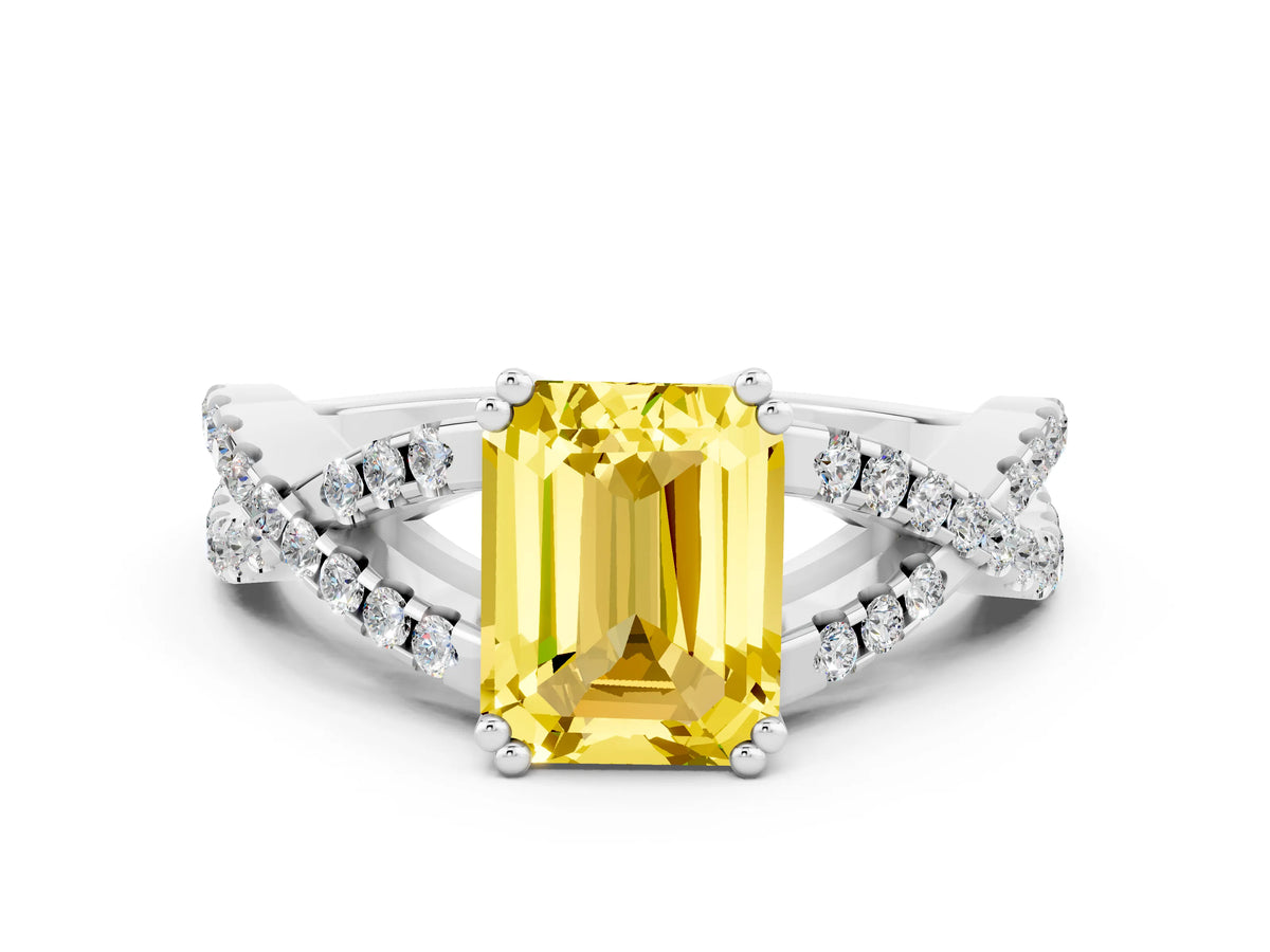 Emerald Cut Yellow Sapphire Solitaire Ring in White gold with Interwoven Pavé Band and Prong Setting