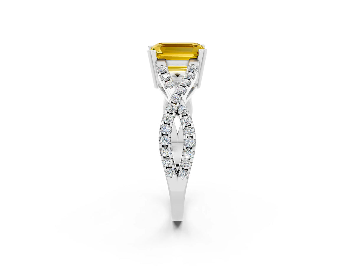 Emerald Cut Yellow Sapphire Solitaire Ring in White gold with Interwoven Pavé Band and Prong Setting_2