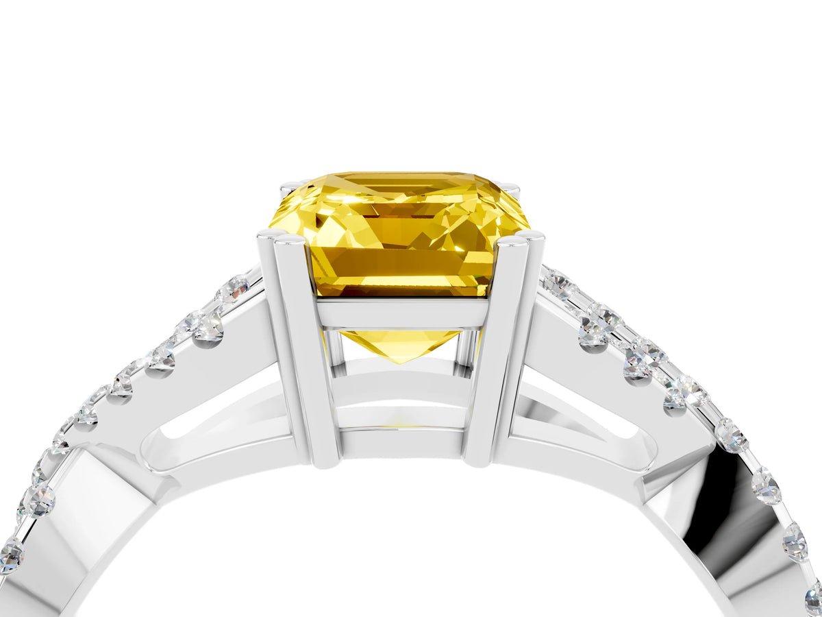 Emerald Cut Yellow Sapphire Solitaire Ring in White gold with Interwoven Pavé Band and Prong Setting_4