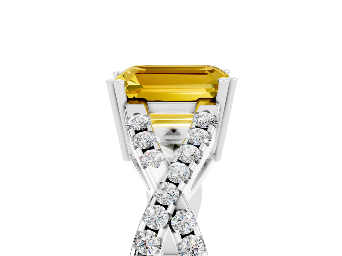 Emerald Cut Yellow Sapphire Solitaire Ring in White gold with Interwoven Pavé Band and Prong Setting_5