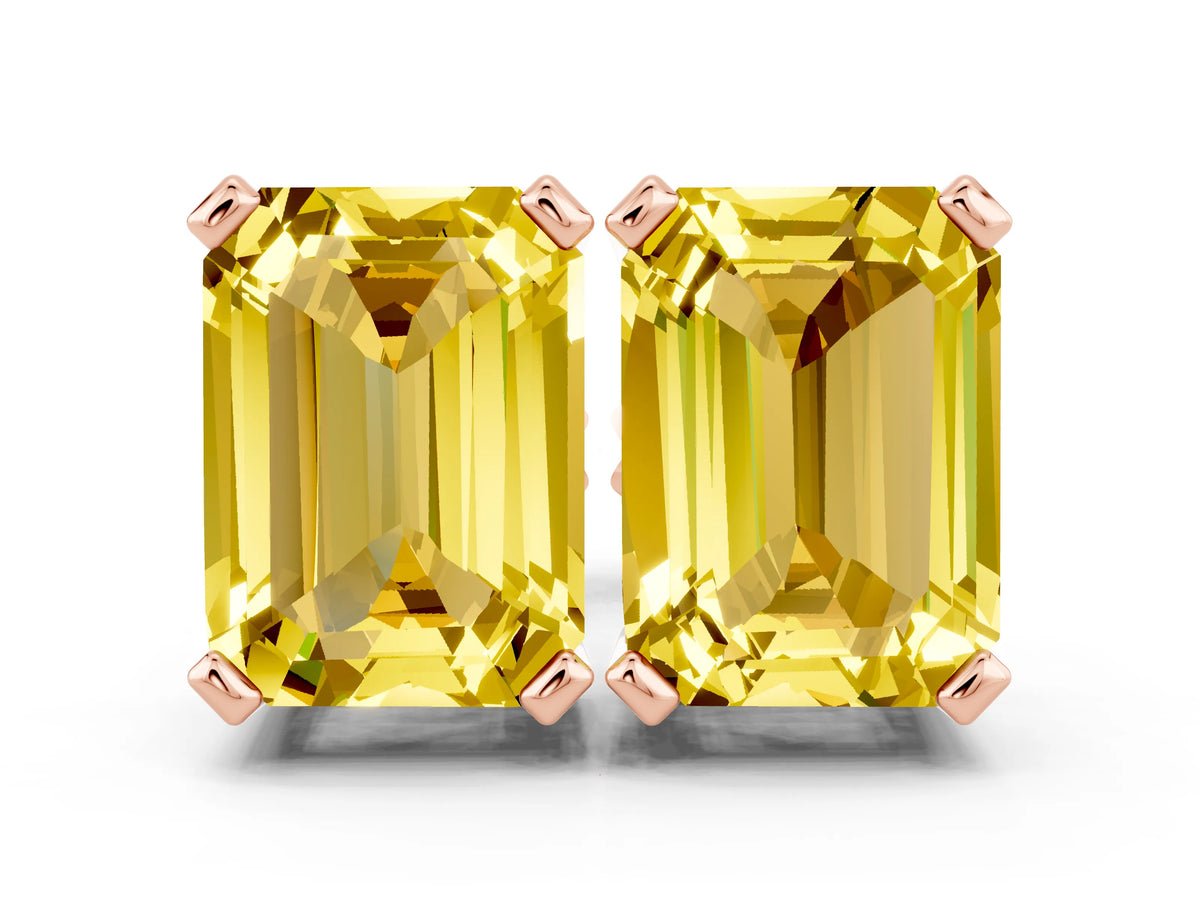 Emerald Cut Yellow Sapphire Stud Earrings in Rose gold with Basket Setting