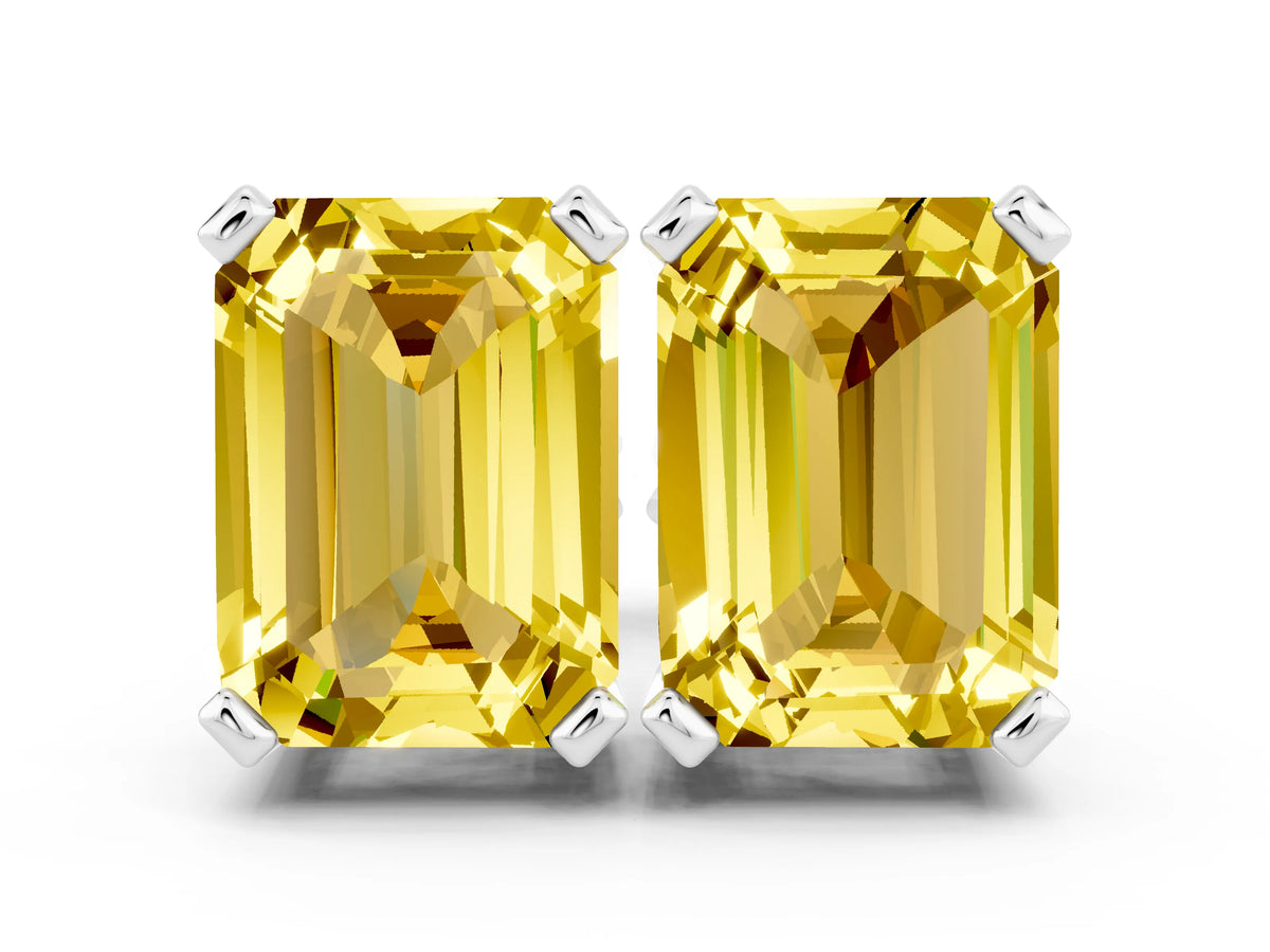 Emerald Cut Yellow Sapphire Stud Earrings in White gold with Basket Setting