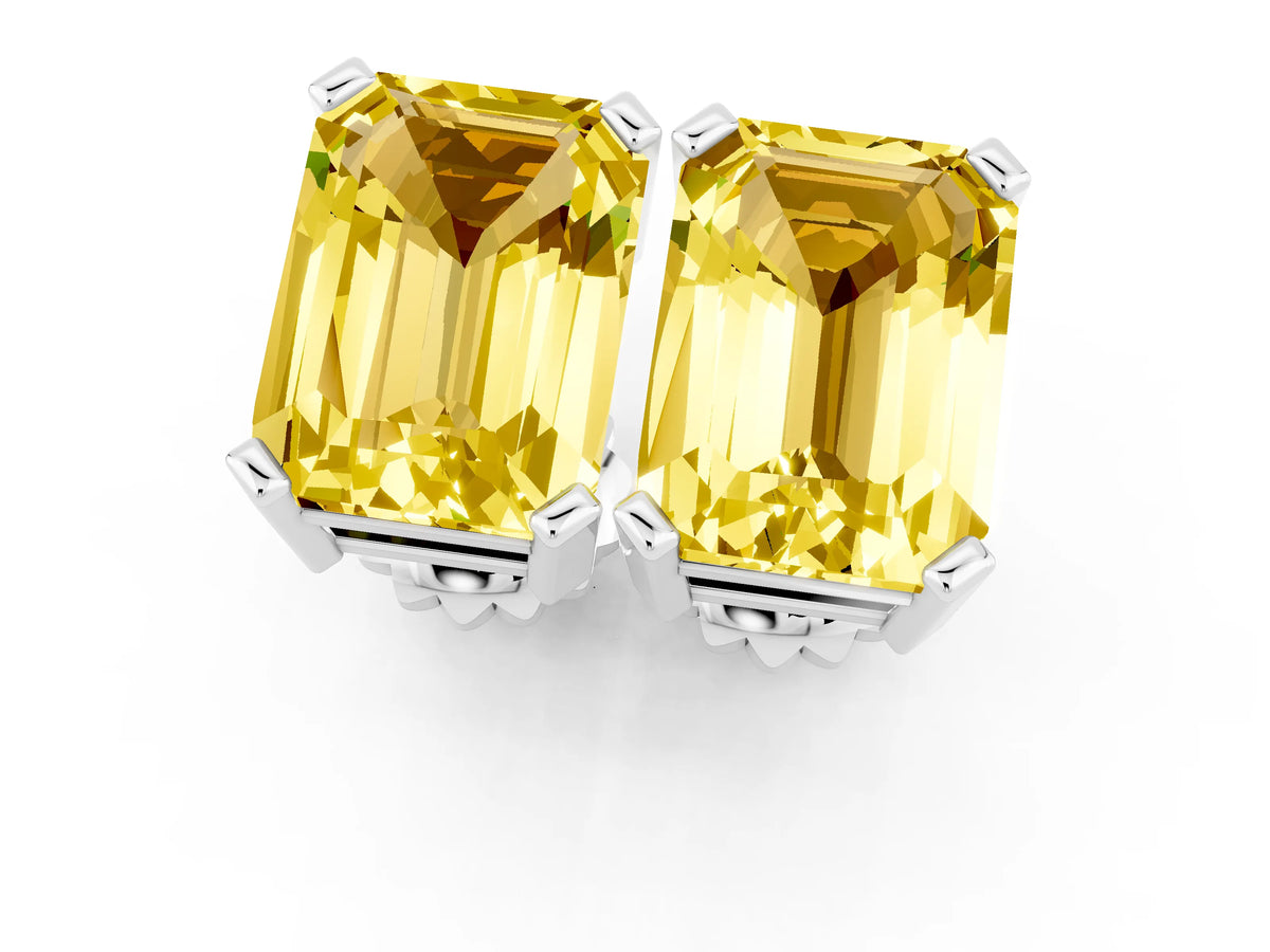 Emerald Cut Yellow Sapphire Stud Earrings in White gold with Basket Setting_1